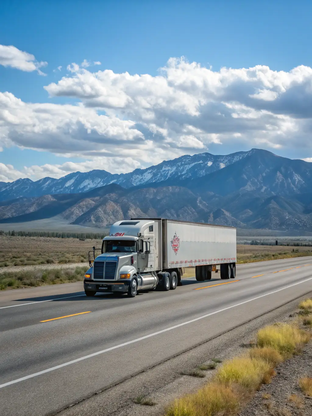 A moving truck on a highway with a scenic background, symbolizing long-distance travel.